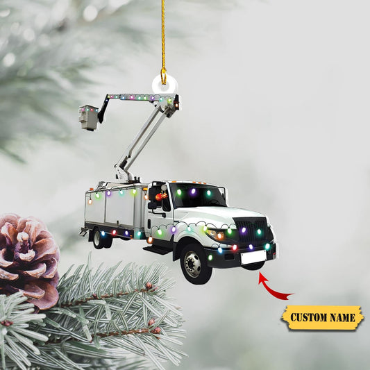 Personalized Lineman Bucket Truck Christmas Ornament, Custom Name