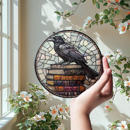 Crow and Book Stack Glass Window Hanging