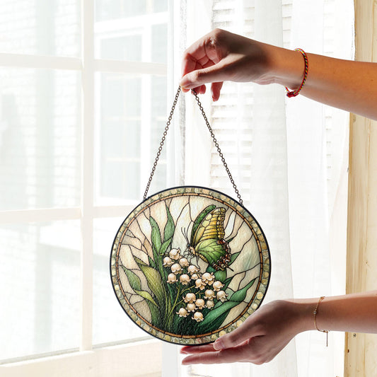 Butterfly & Lily of the Valley Stained Glass Suncatcher: Floral Window Hanging