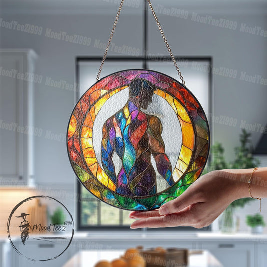 Abstract Stained Glass Suncatcher: Rainbow Male Figure, LGBTQ Decor
