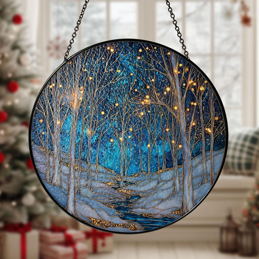 Winter Forest Glass Suncatcher, Starry Night Tree Scene, Holiday Decor