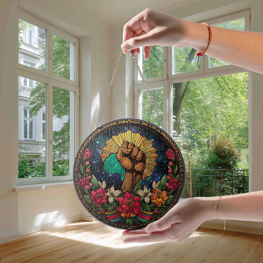 Black History Pride Stained Glass Suncatcher, Raised Fist Africa Art Decor