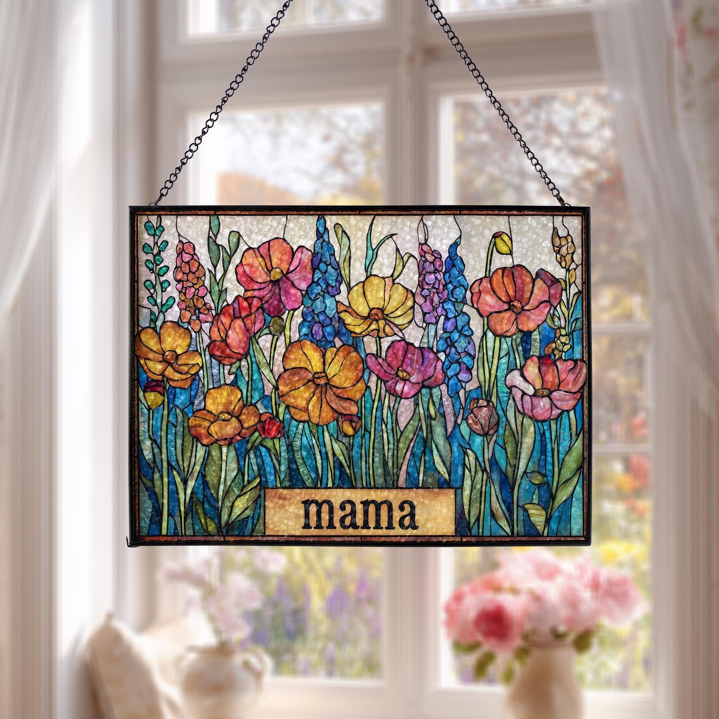 Personalized Mama Garden Suncatcher, Custom Mom Floral Stained Glass Art, Mother’s Day Gift for Mom Grandma, Grandma's Garden Gift