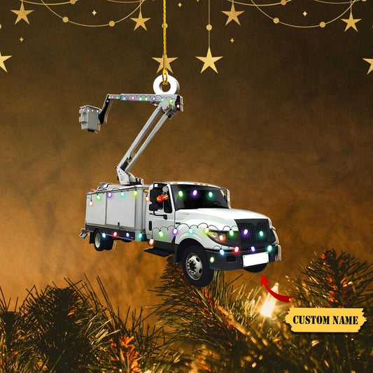 Personalized Lineman Bucket Truck Christmas Ornament, Custom Name