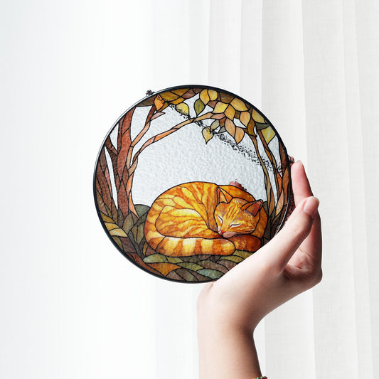 Orange Tabby Cat Sleeping Stained Glass Suncatcher: Cat Lover Gift
