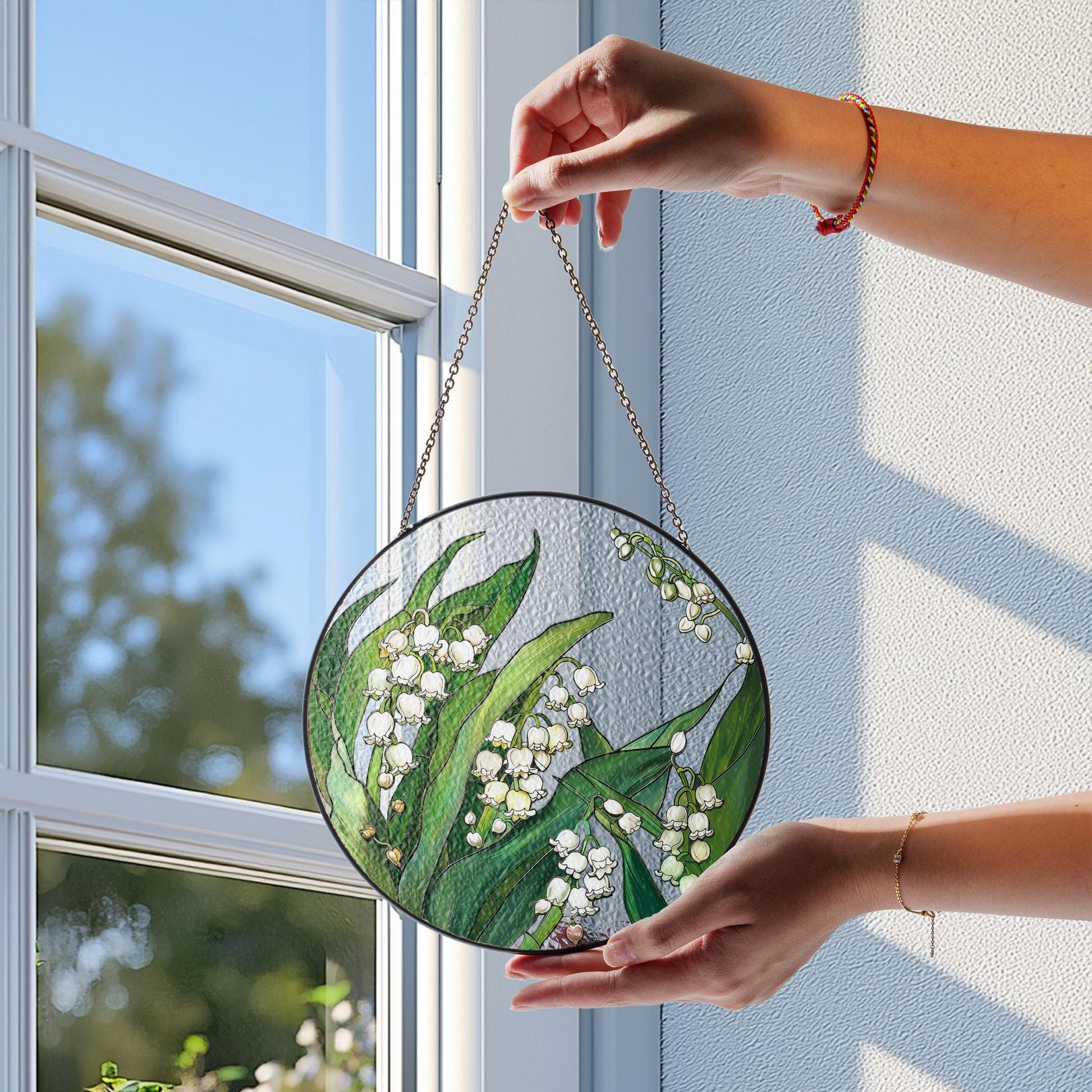 Lily of the Valley Stained Glass Suncatcher: Floral Window Hanging