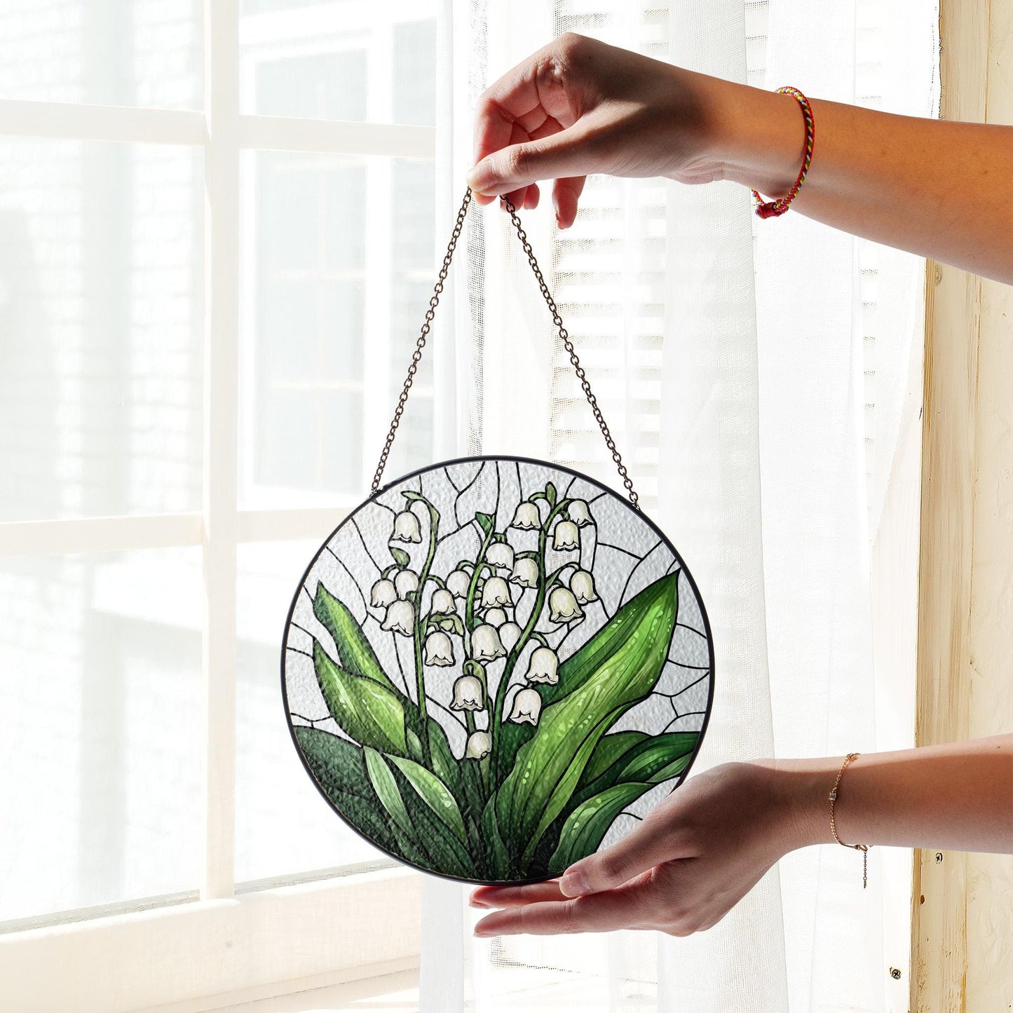 Lily of the Valley Stained Glass Suncatcher: Floral Window Decor