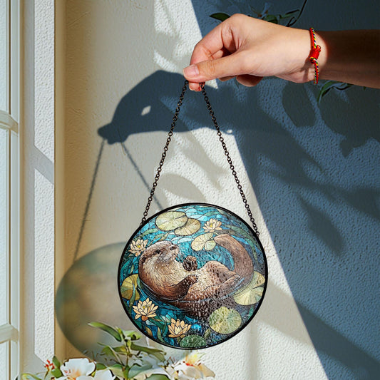 Swimming Otter Stained Glass Suncatcher: Funny Animal Decor