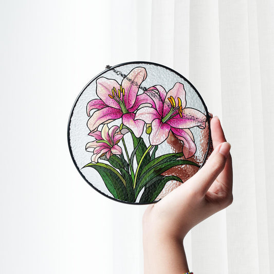 Pink Lily Stained Glass Suncatcher: Floral Home Decor