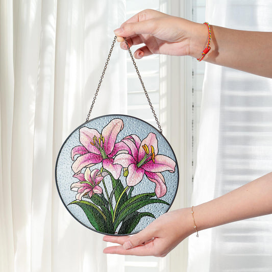 Pink Lily Stained Glass Suncatcher: Floral Home Decor