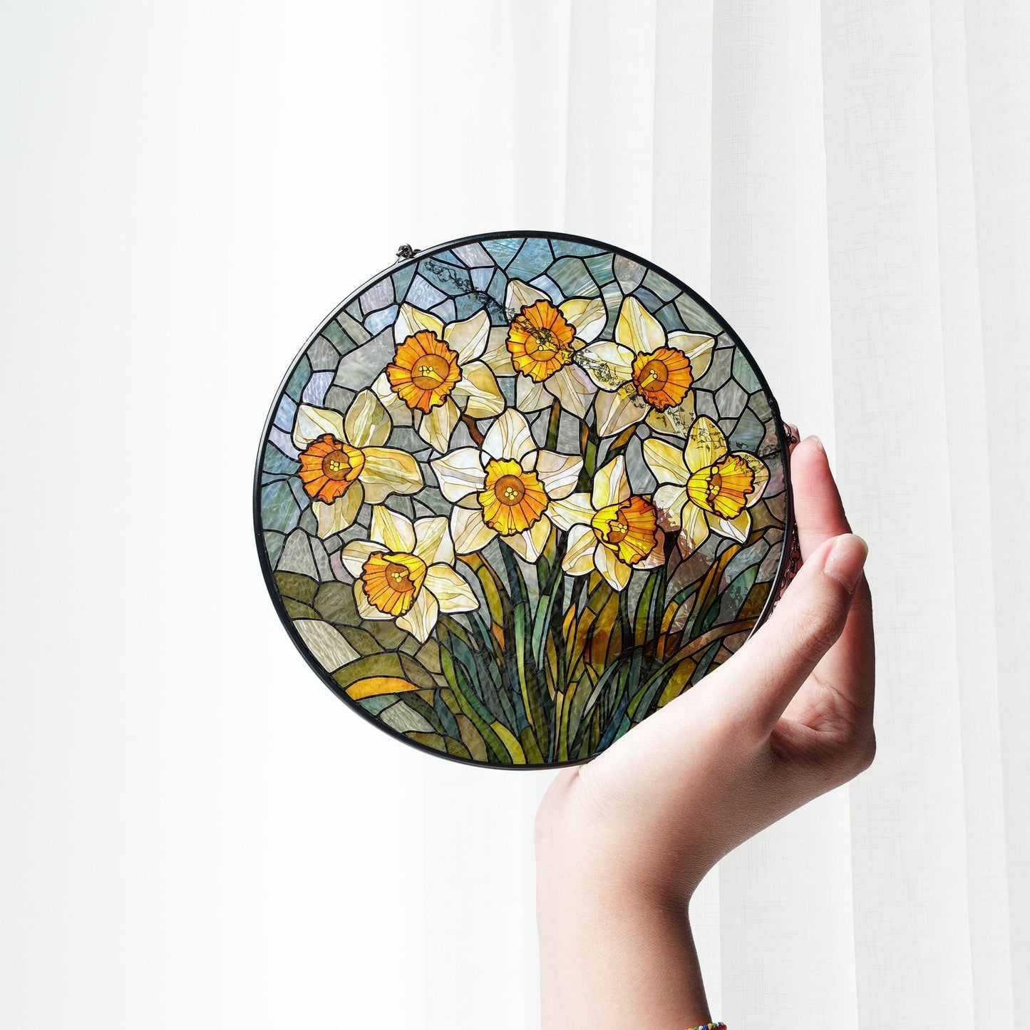 Daffodil Stained Glass Window Hanging: Floral Home Decor