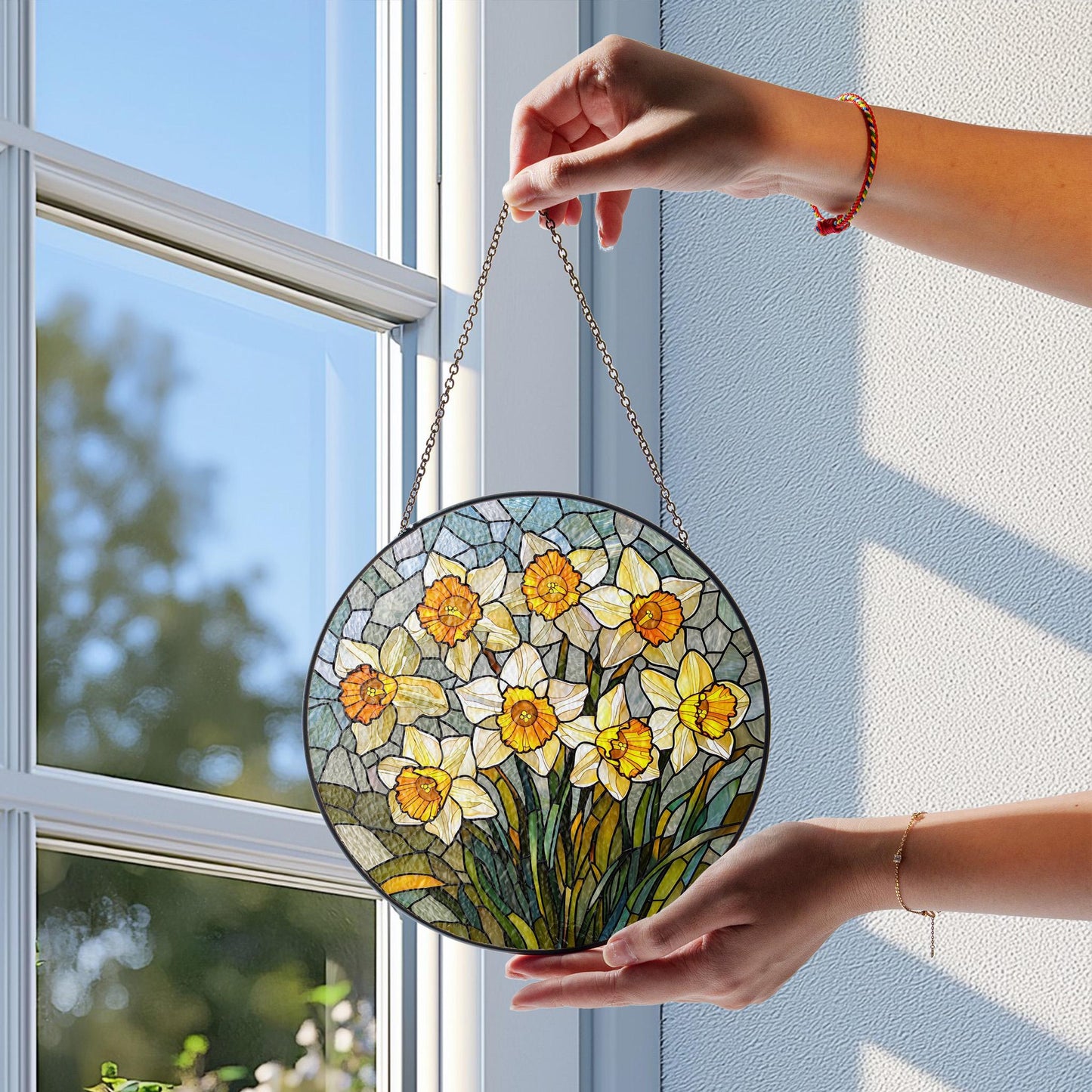 Daffodil Stained Glass Window Hanging: Floral Home Decor