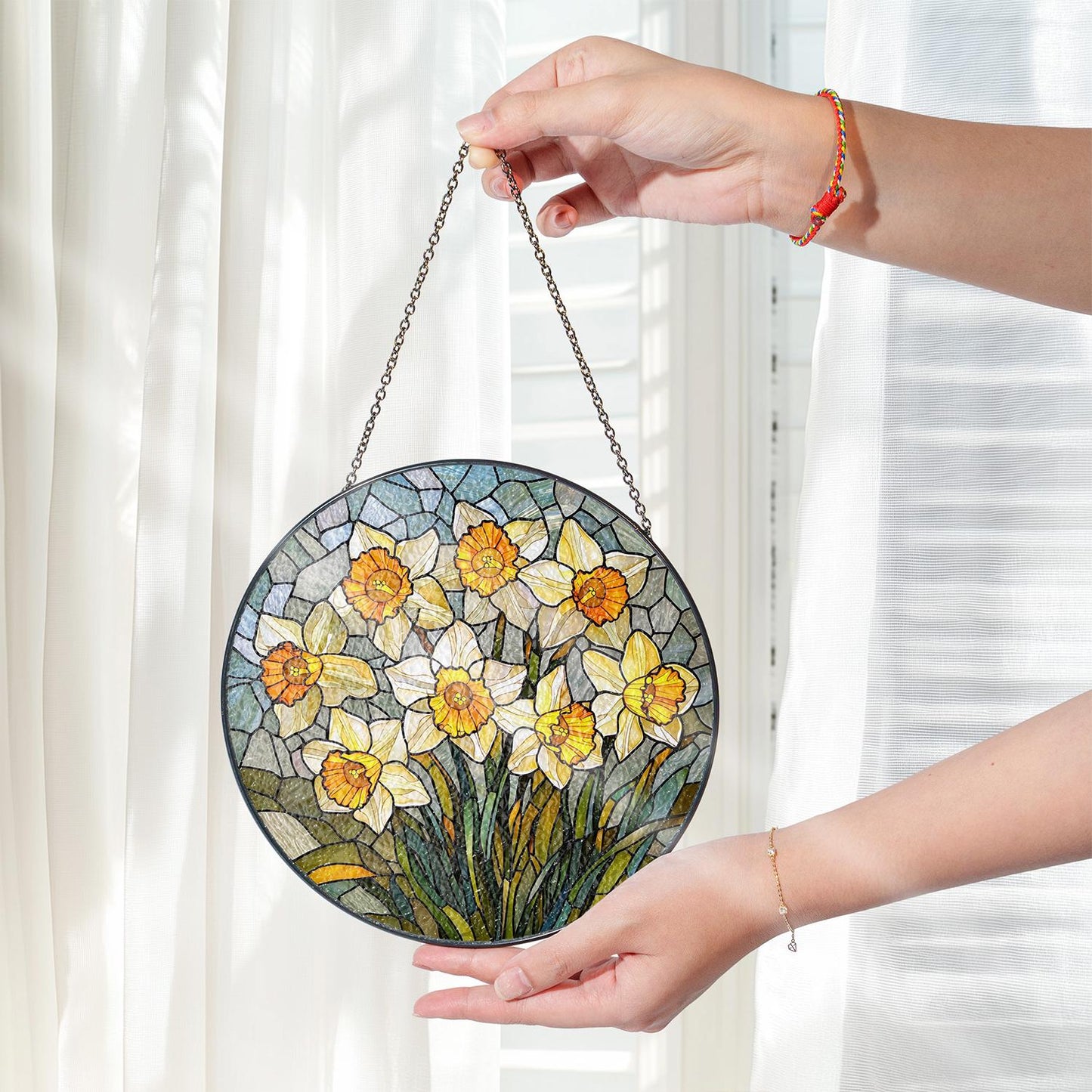 Daffodil Stained Glass Window Hanging: Floral Home Decor