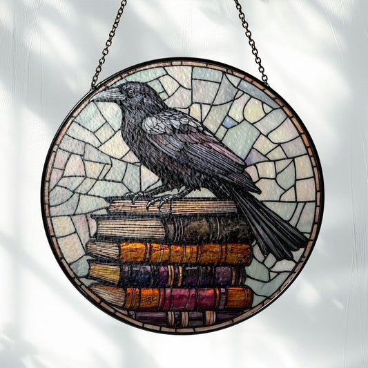 Crow and Book Stack  Glass Window Hanging