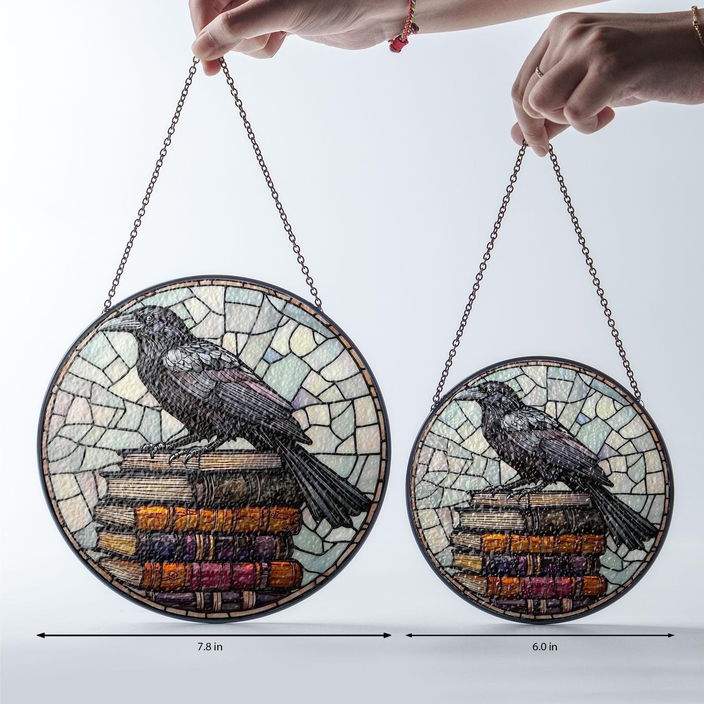 Crow and Book Stack  Glass Window Hanging