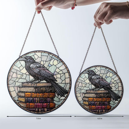 Crow and Book Stack  Glass Window Hanging