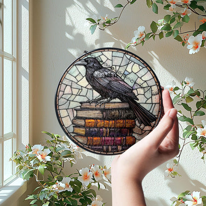 Crow and Book Stack  Glass Window Hanging