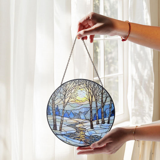 Stained Glass Winter Sunrise Suncatcher: Snow Scene Home Decor