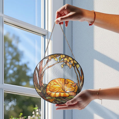 Orange Tabby Cat Sleeping Stained Glass Suncatcher: Cat Lover Gift