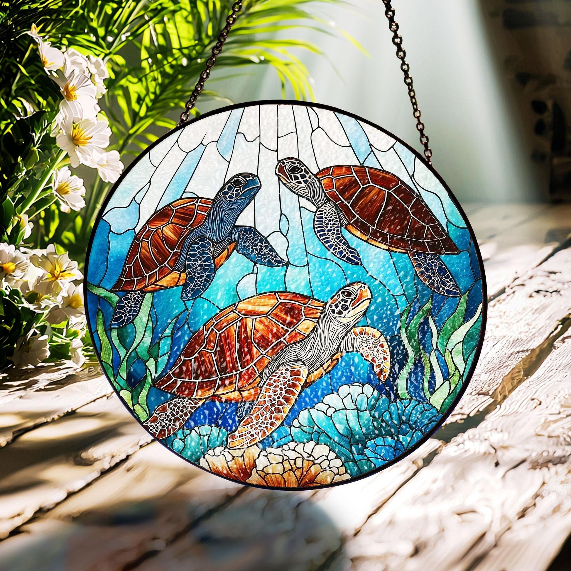 Sea Turtle Stained Glass Suncatcher: Nature Window Ornament