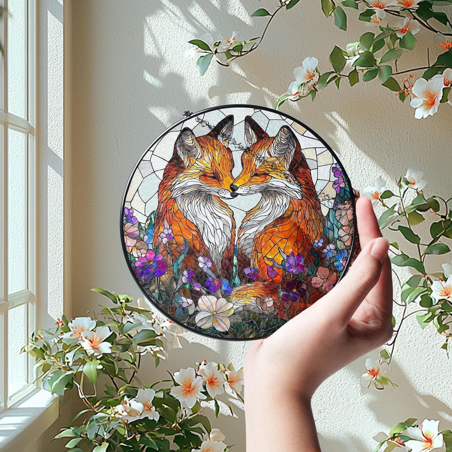 Fox Couple Stained Glass Suncatcher: Farmhouse Window Ornament