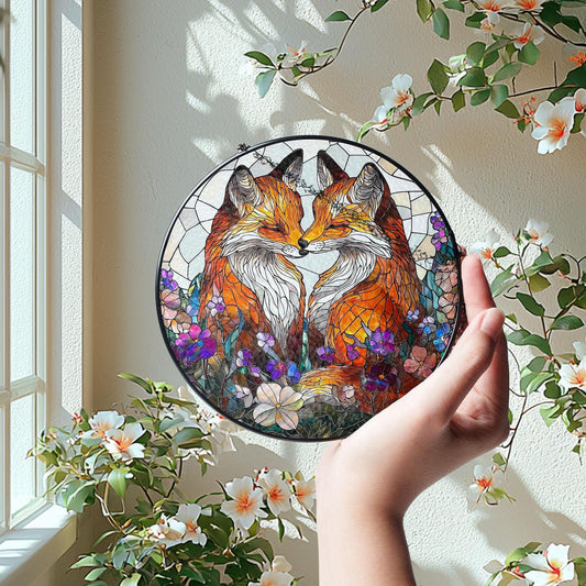 Fox Couple Stained Glass Suncatcher: Farmhouse Window Ornament