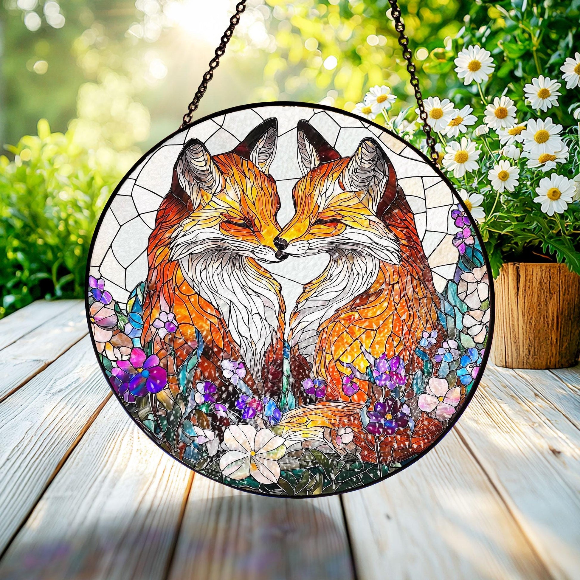 Fox Couple Stained Glass Suncatcher: Farmhouse Window Ornament