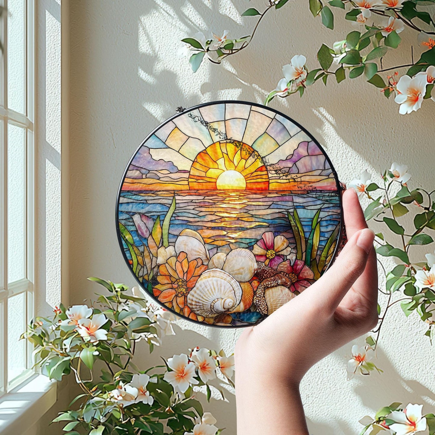 Stained Glass Sunrise Suncatcher: Beach Window Hanging