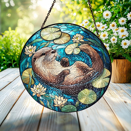 Swimming Otter Stained Glass Suncatcher: Funny Animal Decor