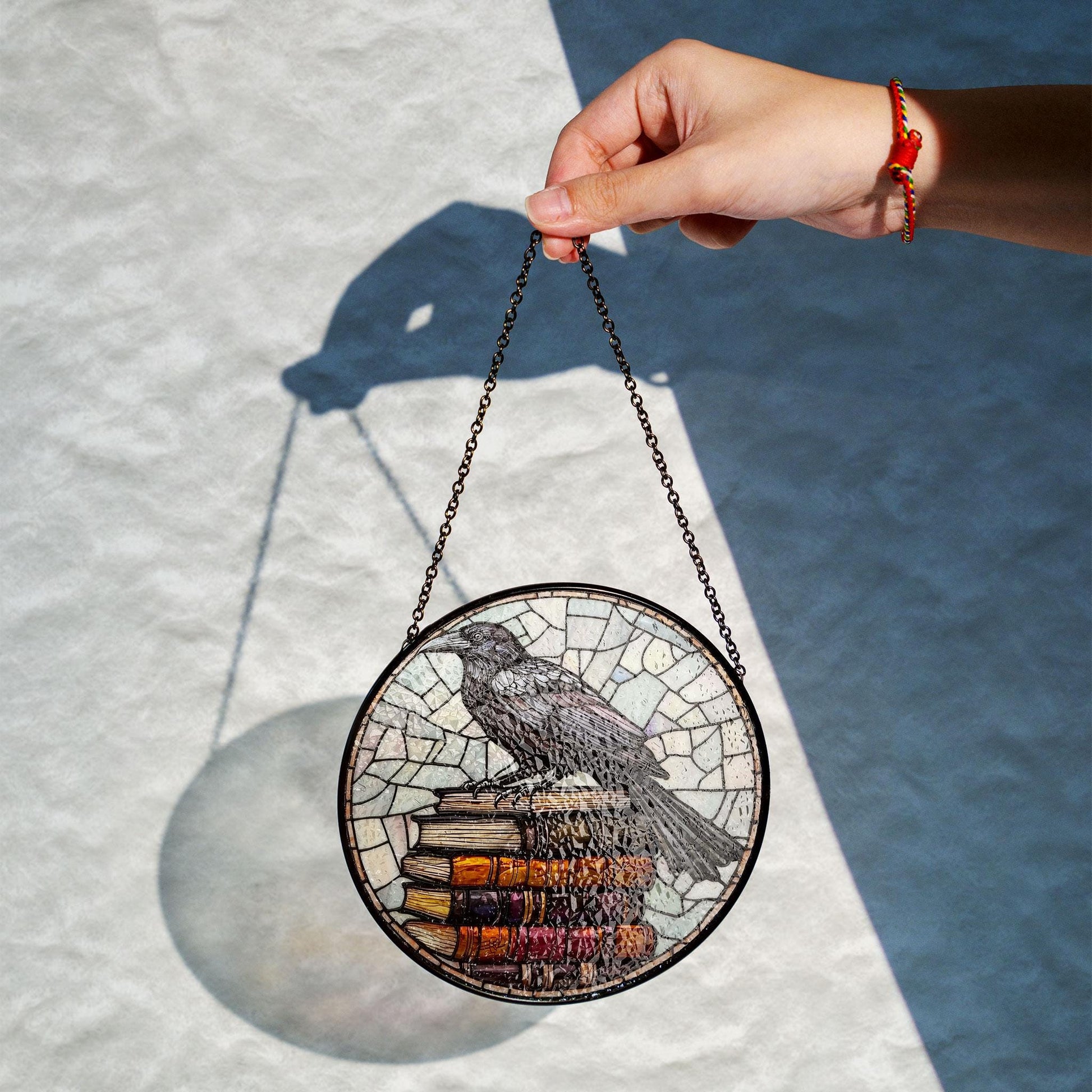 Crow and Book Stack  Glass Window Hanging