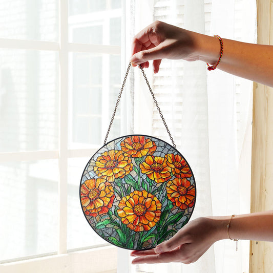 Marigold Flower Stained Glass Suncatcher: Birth Month Ornament