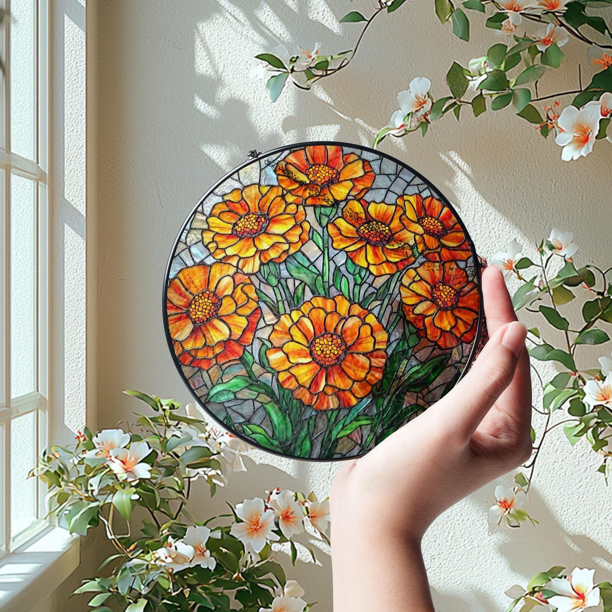Marigold Flower Stained Glass Suncatcher: Birth Month Ornament