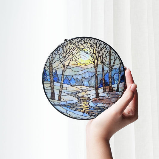 Stained Glass Winter Sunrise Suncatcher: Snow Scene Home Decor