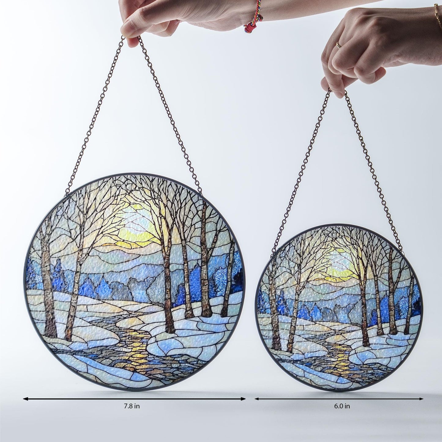 Stained Glass Winter Sunrise Suncatcher: Snow Scene Home Decor