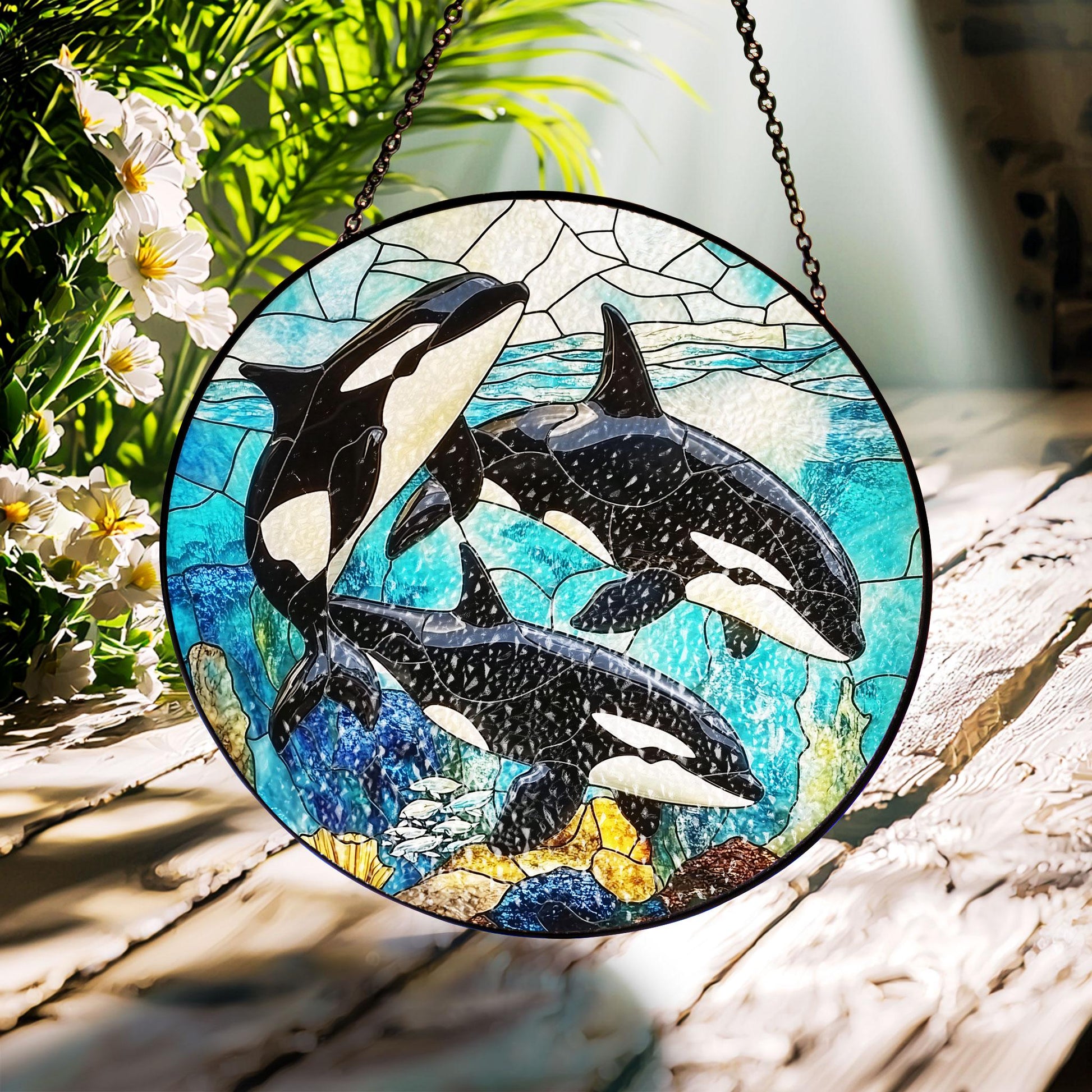 Orca Stained Glass Suncatcher: Whale Wall Art Decor