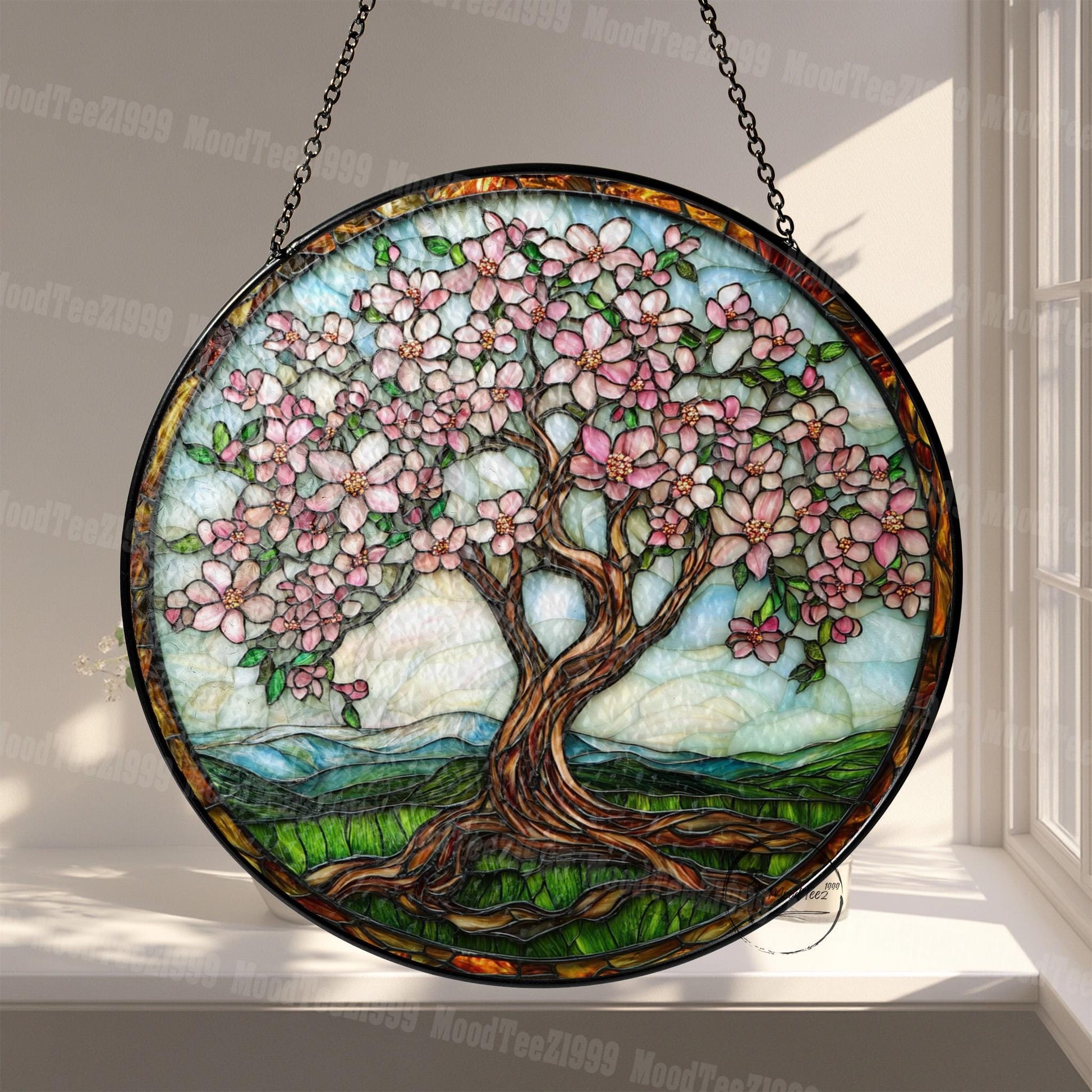 Magnolia Tree Stained Glass Suncatcher: Cherry Blossom Window Decor