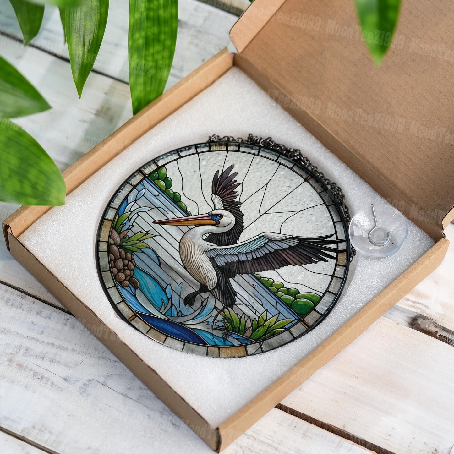 Pelican Stained Glass Suncatcher: Coastal Nautical Window Hanging