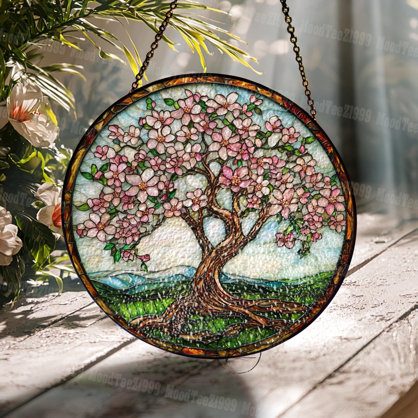 Magnolia Tree Stained Glass Suncatcher: Cherry Blossom Window Decor