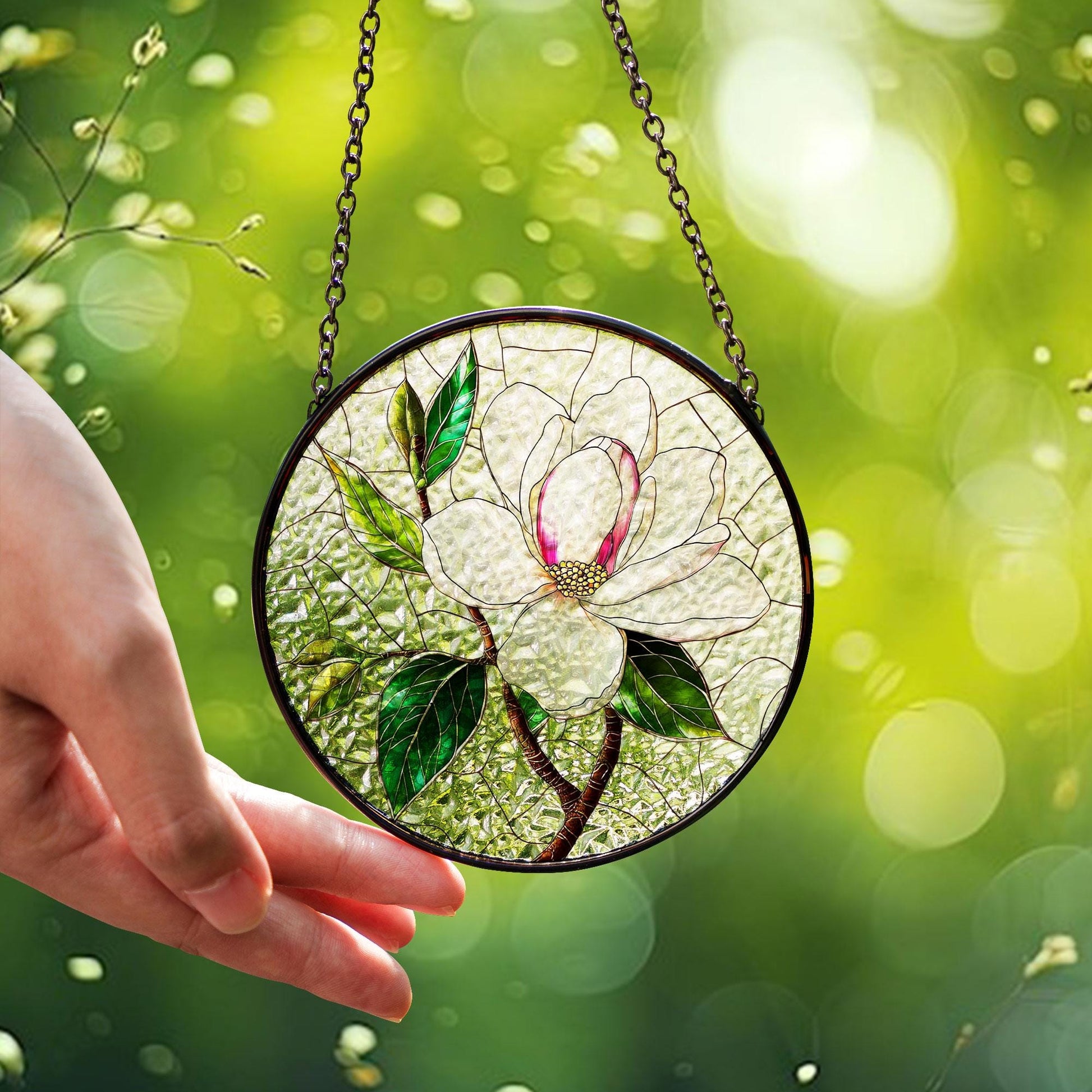 Magnolia Stained Glass Suncatcher: Floral Window Hanging