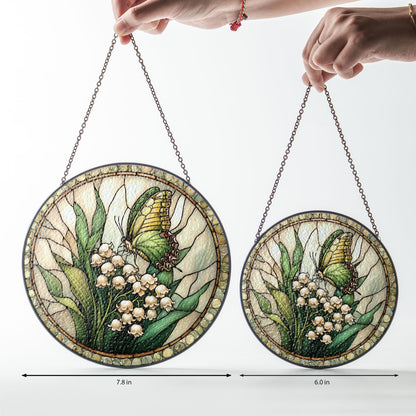 Butterfly & Lily of the Valley Stained Glass Suncatcher: Floral Window Hanging