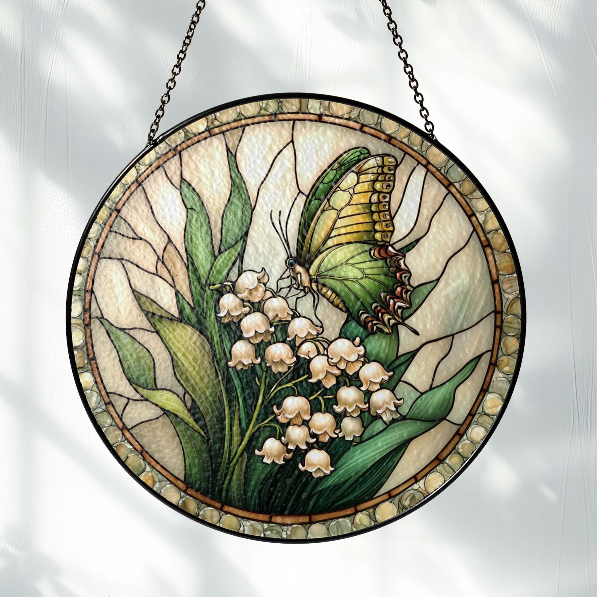 Butterfly & Lily of the Valley Stained Glass Suncatcher: Floral Window Hanging