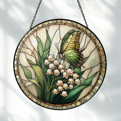 Butterfly & Lily of the Valley Stained Glass Suncatcher: Floral Window Hanging