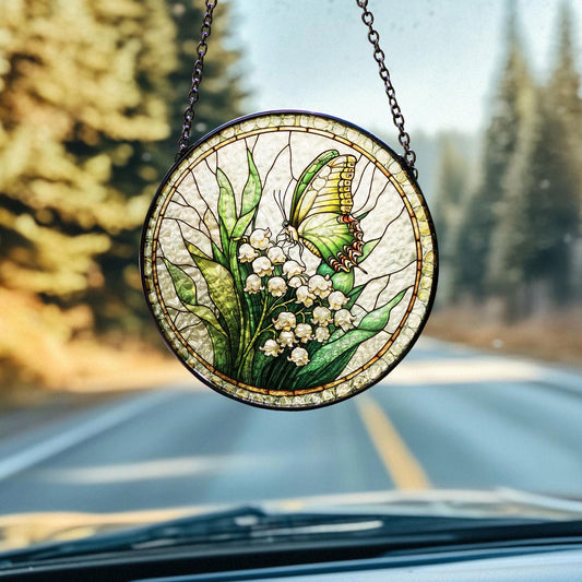 Butterfly & Lily of the Valley Stained Glass Suncatcher: Floral Window Hanging