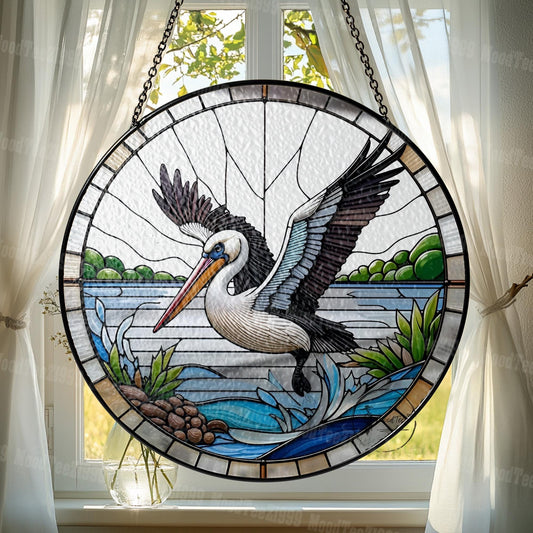 Pelican Stained Glass Suncatcher: Coastal Nautical Window Hanging