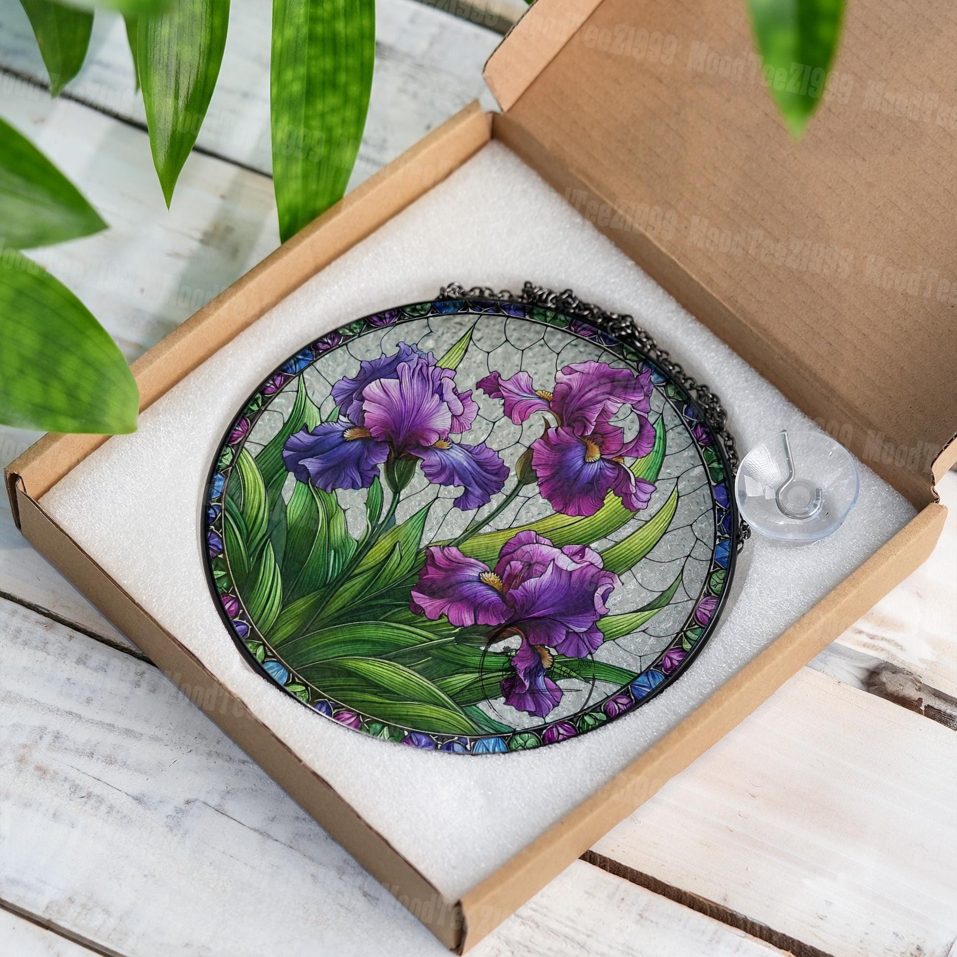 Iris Flower Stained Glass Suncatcher: Purple Floral Window Hanging