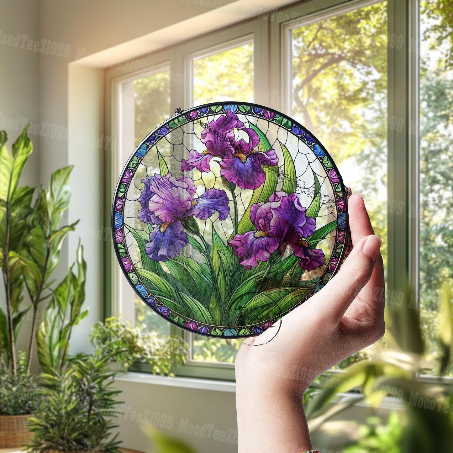 Iris Flower Stained Glass Suncatcher: Purple Floral Window Hanging