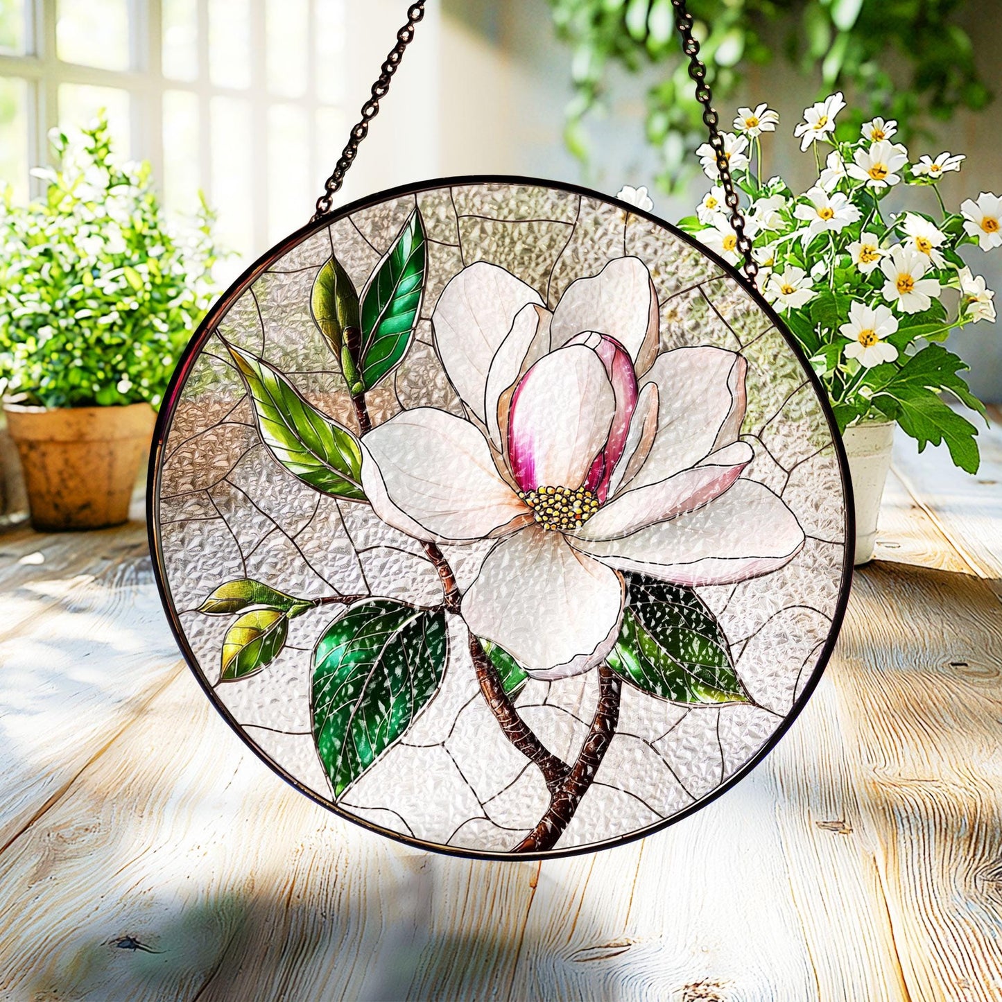 Magnolia Stained Glass Suncatcher: Floral Window Hanging