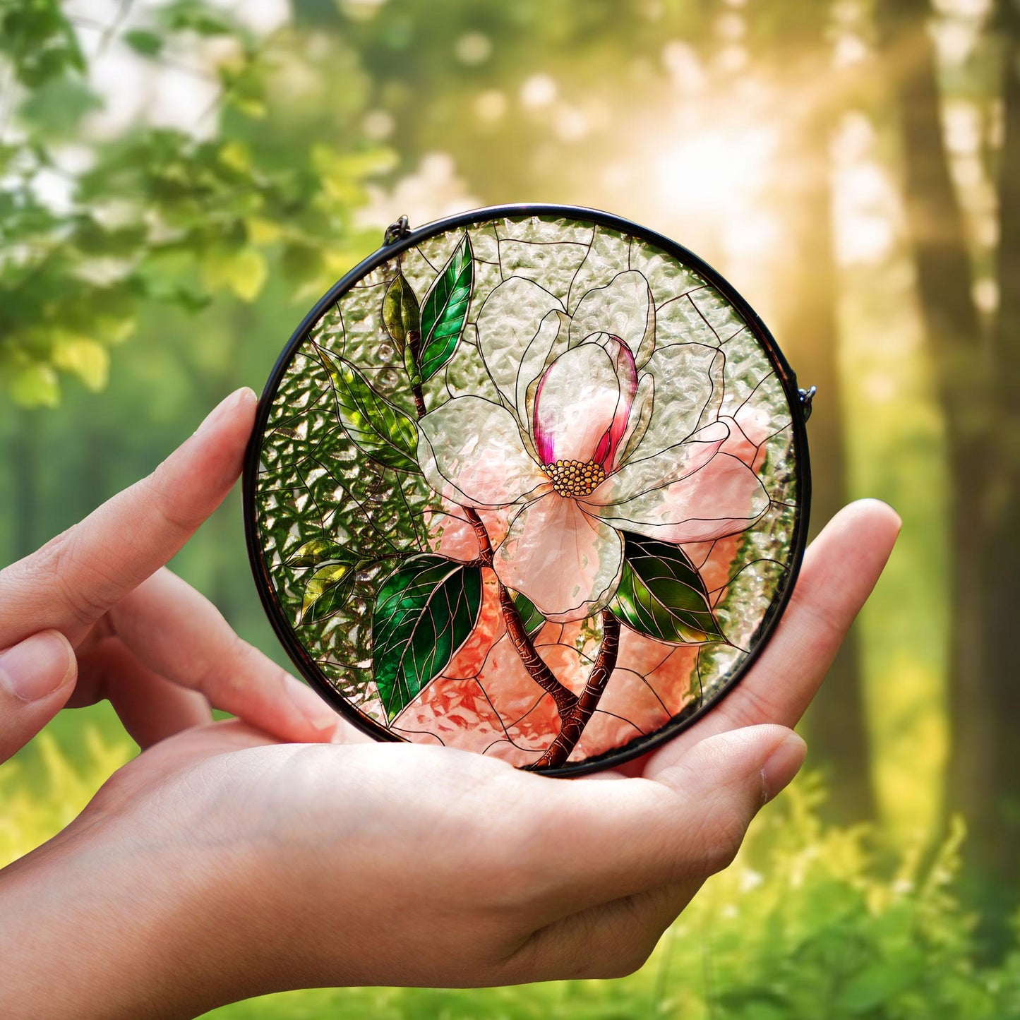 Magnolia Stained Glass Suncatcher: Floral Window Hanging