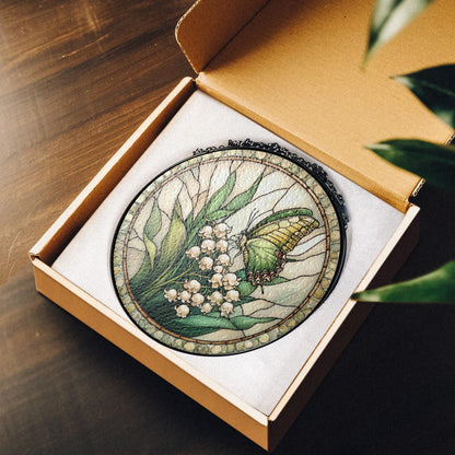 Butterfly & Lily of the Valley Stained Glass Suncatcher: Floral Window Hanging