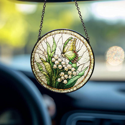 Butterfly & Lily of the Valley Stained Glass Suncatcher: Floral Window Hanging